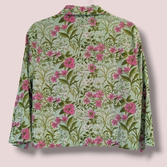Olivia James The Label Green Pink Floral 100% Linen Long Sleeve Cropped Top - Picture 2 of 9
